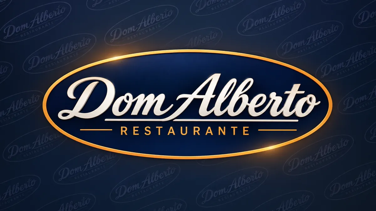 Logotipo Dom Alberto Restaurante em oval azul-marinho com contorno dourado
