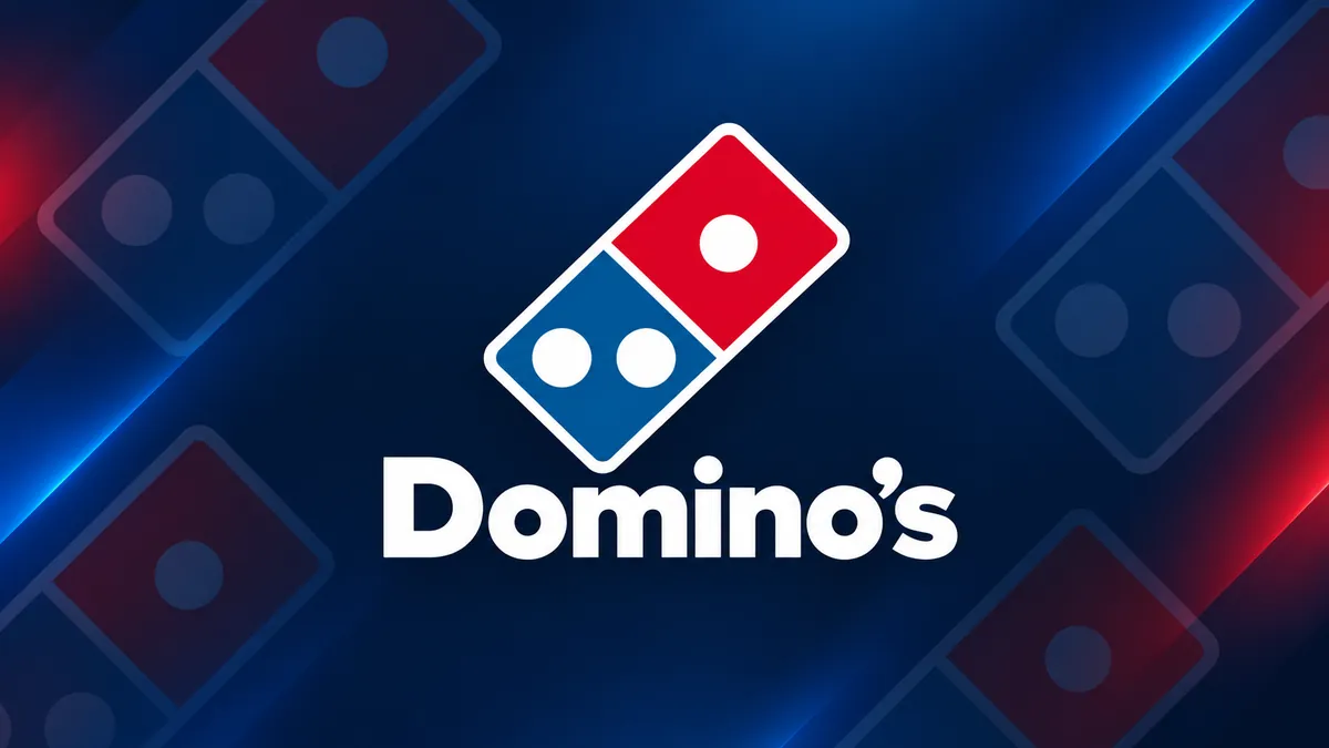 Identidade visual da Domino's em composição institucional azul e vermelha
