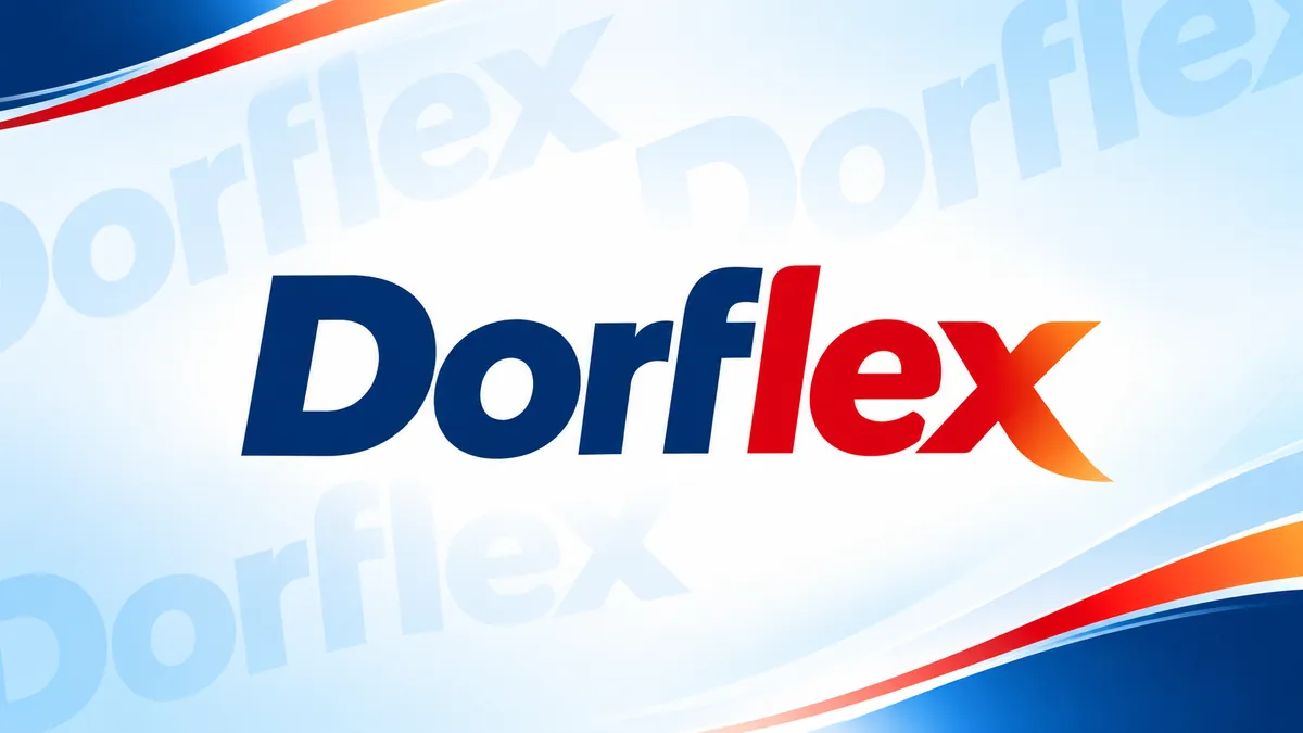Identidade visual da Dorflex em composição institucional azul, vermelha e laranja