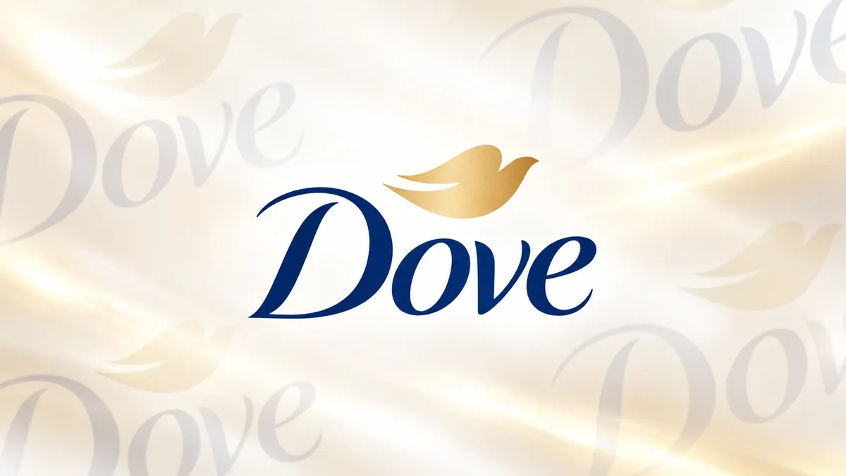 Identidade visual da Dove em composição institucional branca, azul e dourada