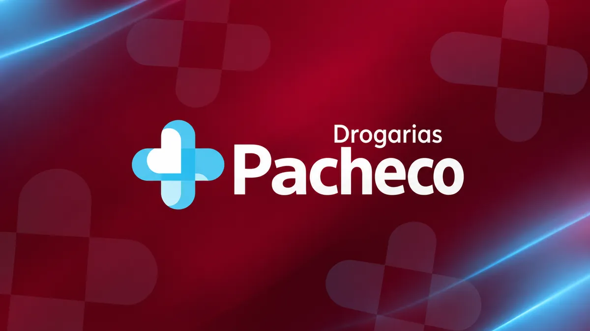 Identidade visual das Drogarias Pacheco em composição institucional vinho e azul