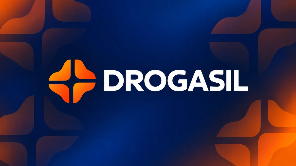 Identidade visual da Drogasil em composição institucional azul e laranja