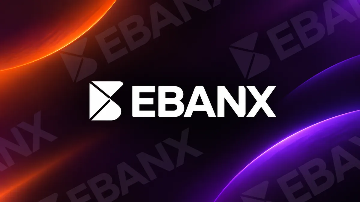 Identidade visual do EBANX em composição institucional escura