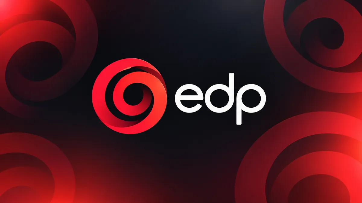 Identidade visual da EDP em composição institucional preta e vermelha