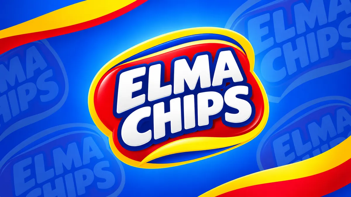 Identidade visual da Elma Chips em composição institucional azul, amarela e vermelha