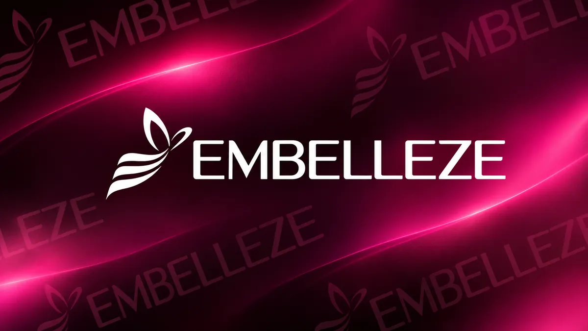 Identidade visual da Embelleze em composição institucional preta e rosa