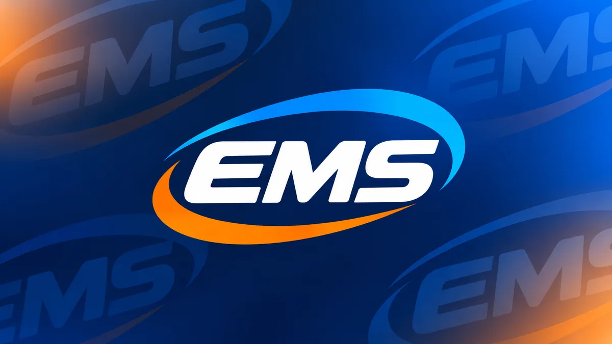 Identidade visual da EMS em composição institucional azul e laranja