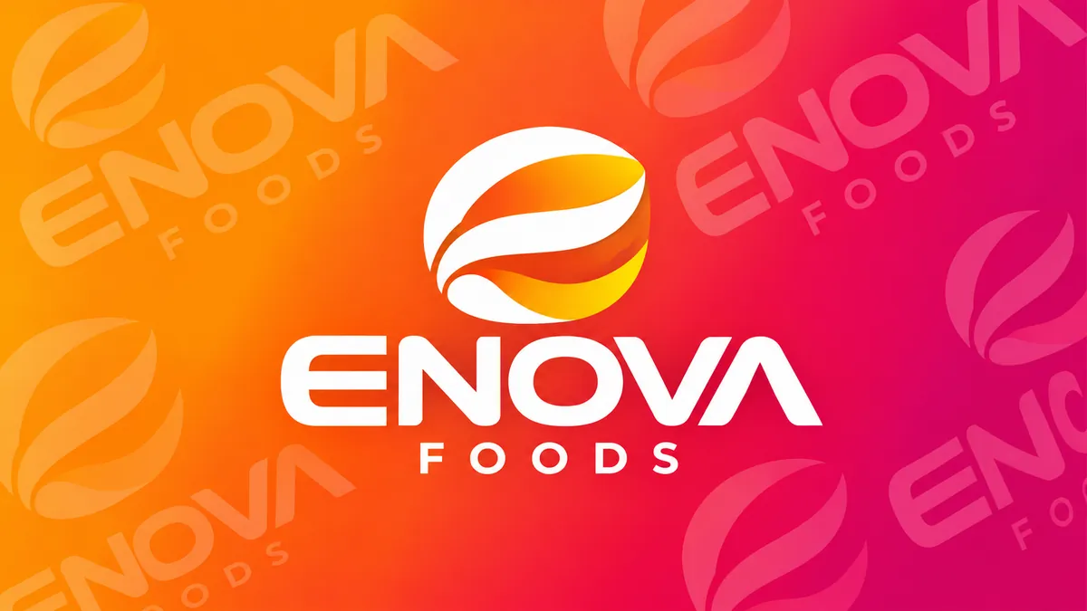 Identidade visual da Enova Foods em composição institucional laranja e magenta