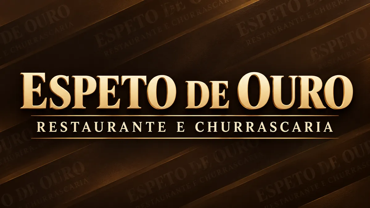 Nome Espeto de Ouro Restaurante e Churrascaria em letras douradas sobre fundo marrom diagonal