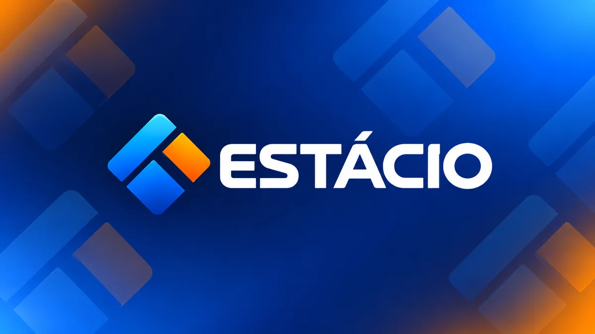 Identidade visual da Estácio em composição institucional azul e laranja