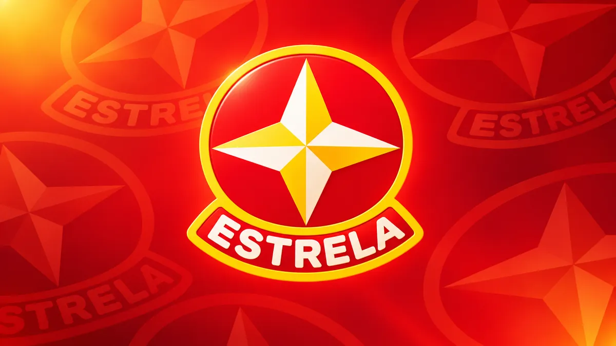 Identidade visual da Estrela Brinquedos em composição institucional vermelha e amarela