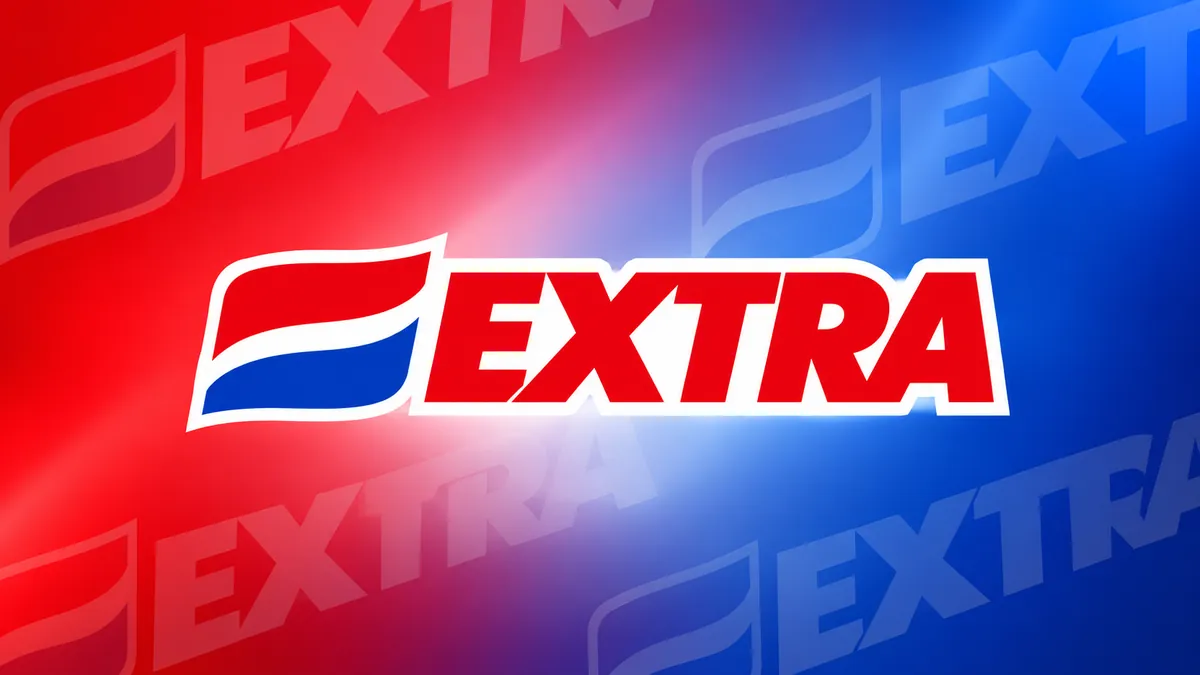 Identidade visual do Extra em composição institucional vermelha e azul