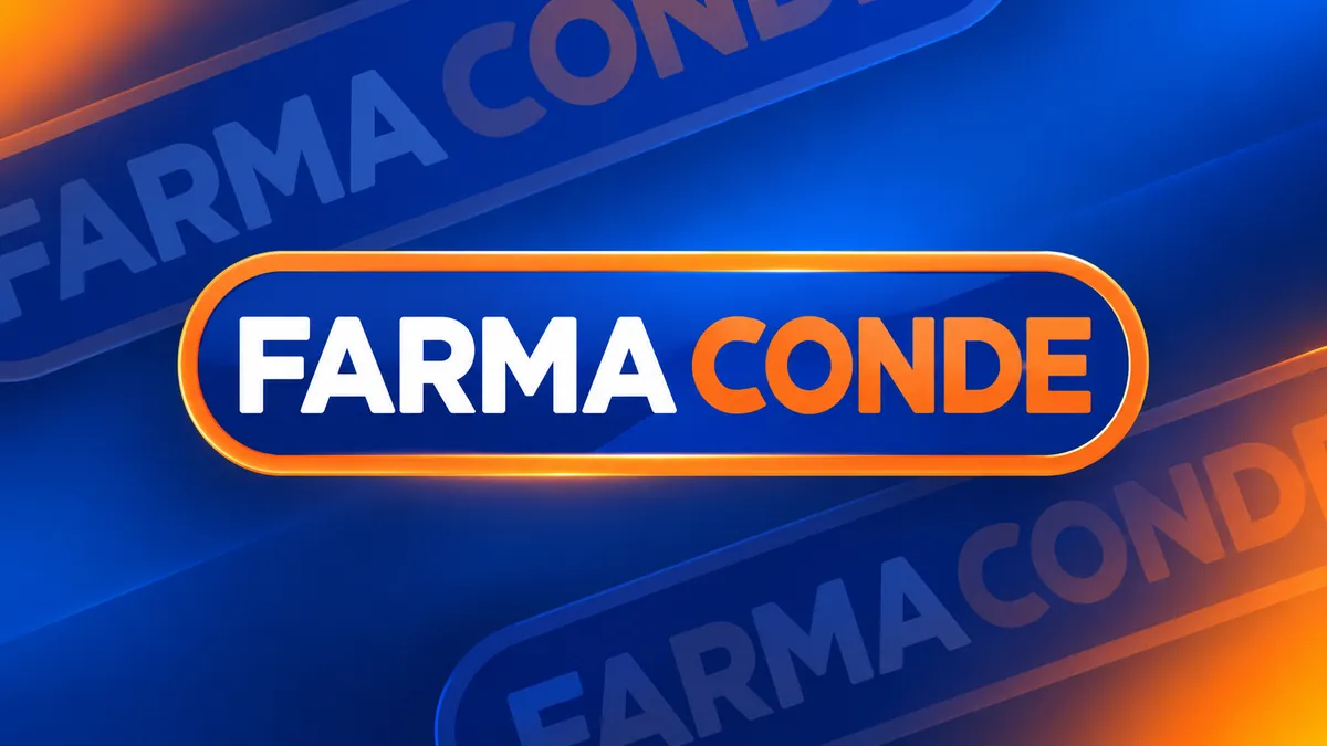 Identidade visual da Farma Conde em composição institucional azul e laranja