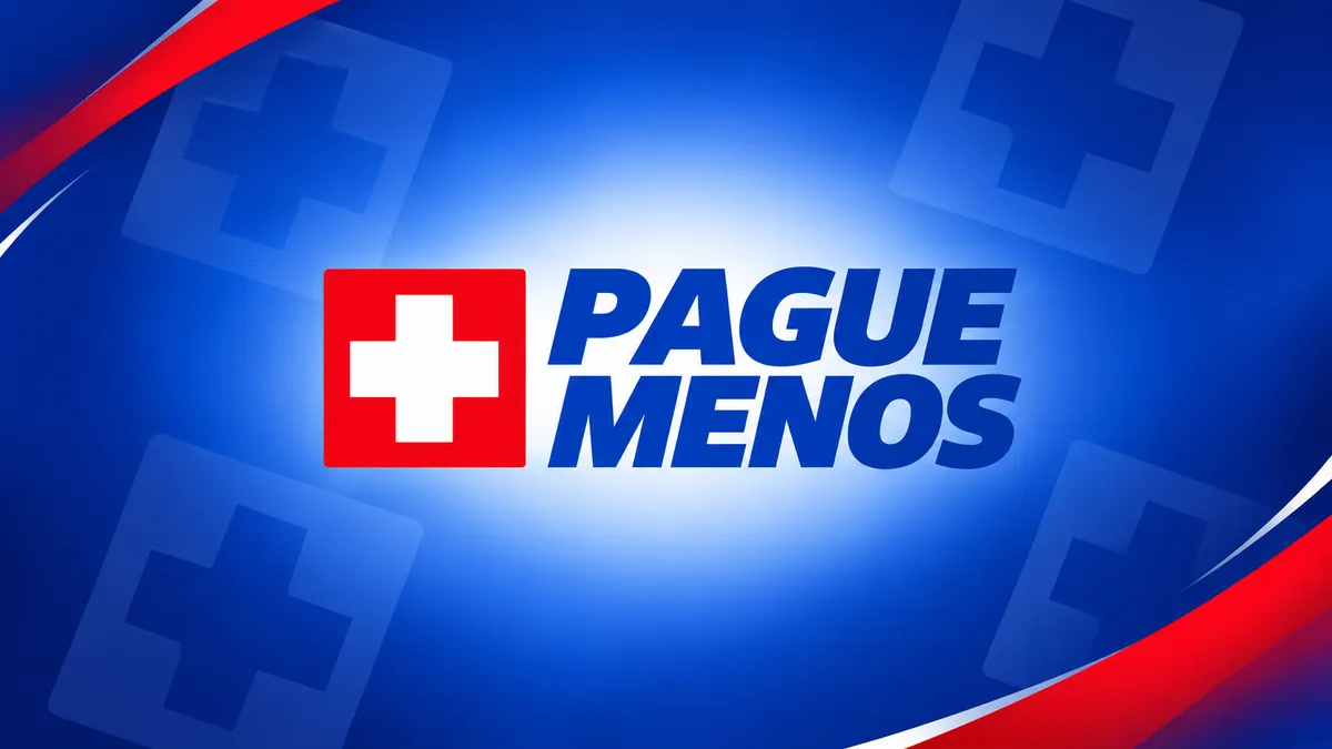 Identidade visual da Pague Menos em composição institucional azul e vermelha