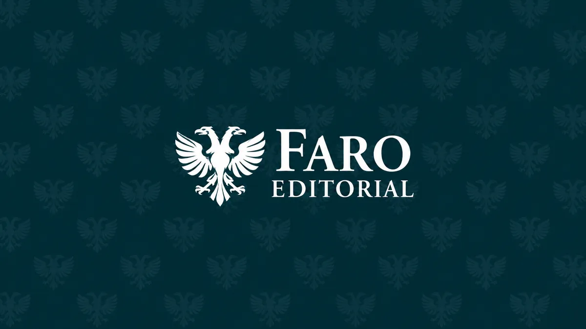 Identidade visual da Faro Editorial em fundo verde-petróleo