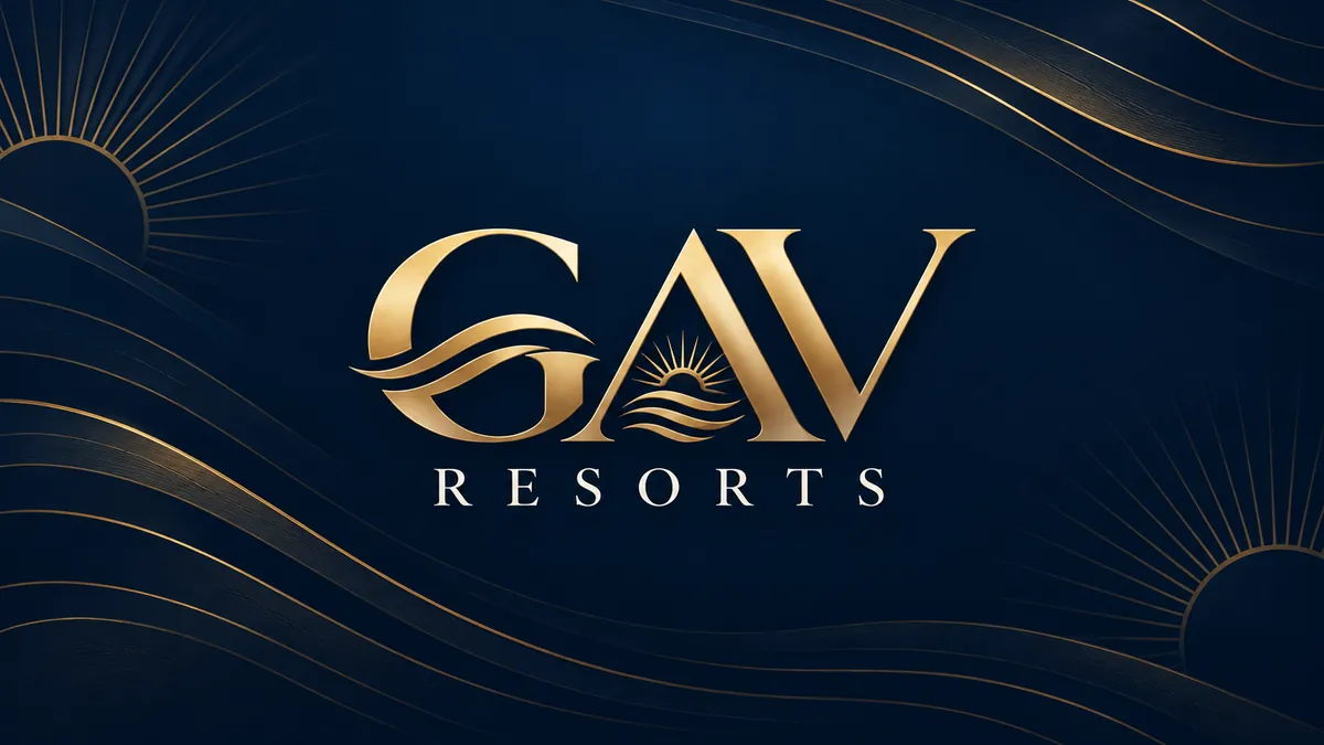 Identidade visual da GAV Resorts em azul-marinho e dourado