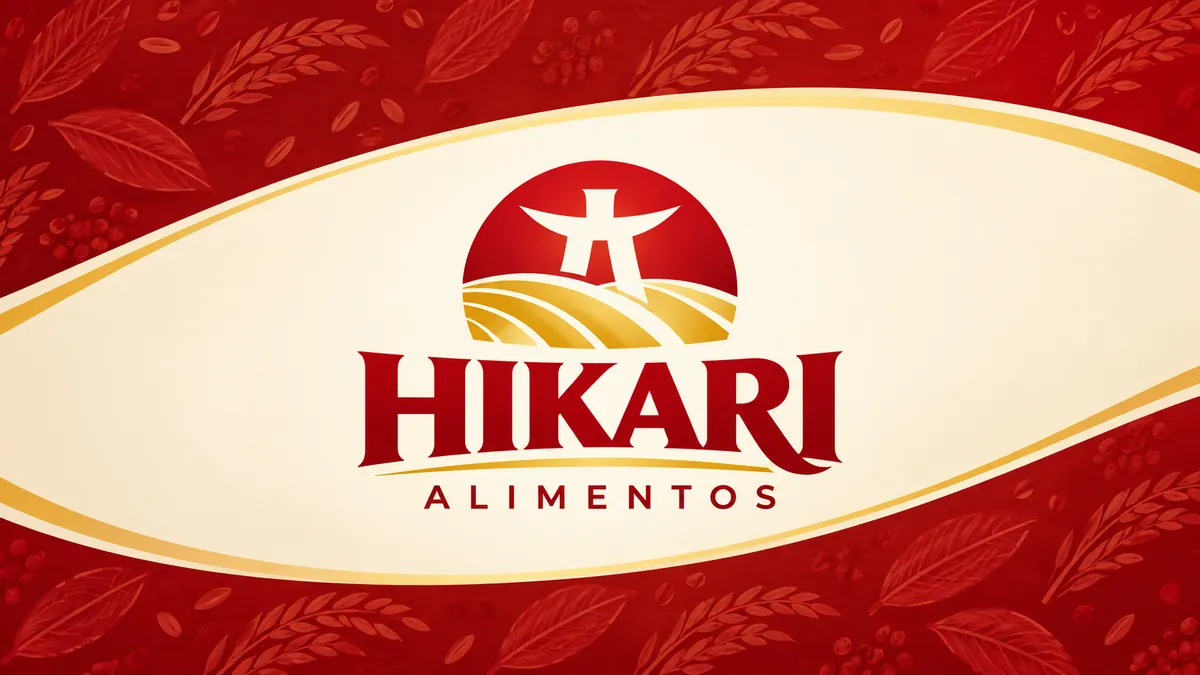 Identidade visual da Hikari Alimentos em vermelho e creme