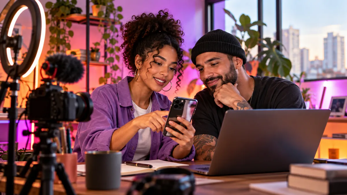 Criadores analisando vídeo em celular e notebook com iluminação colorida