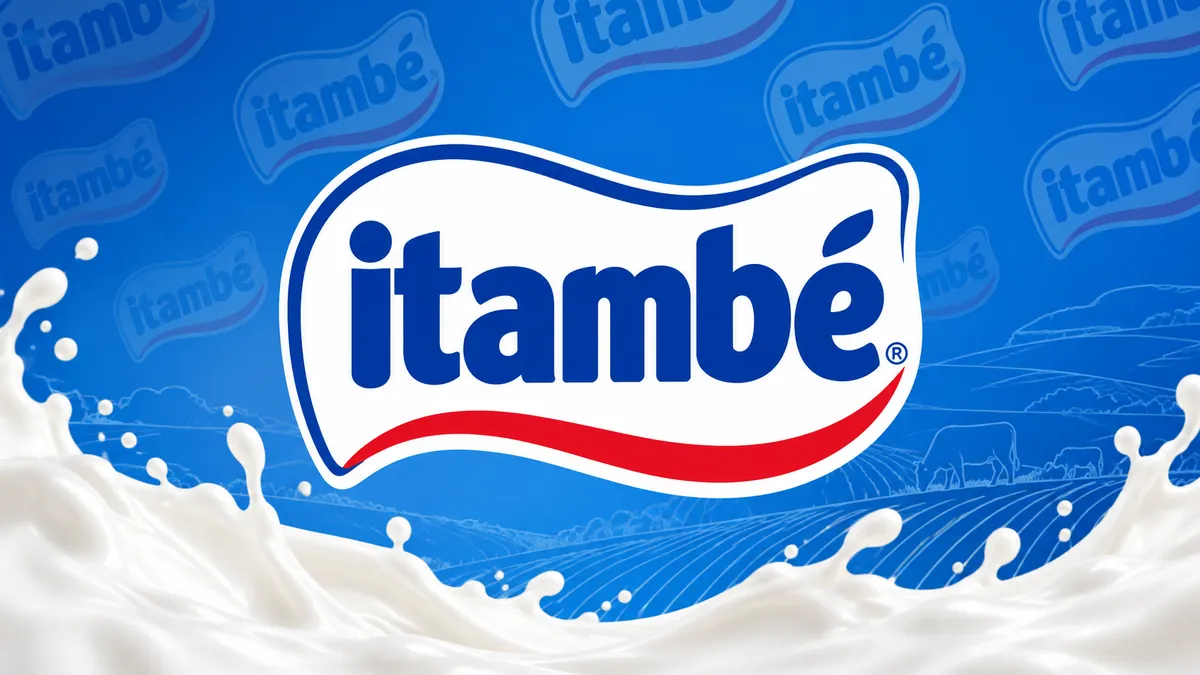 Identidade visual azul e vermelha da Itambé em composição institucional