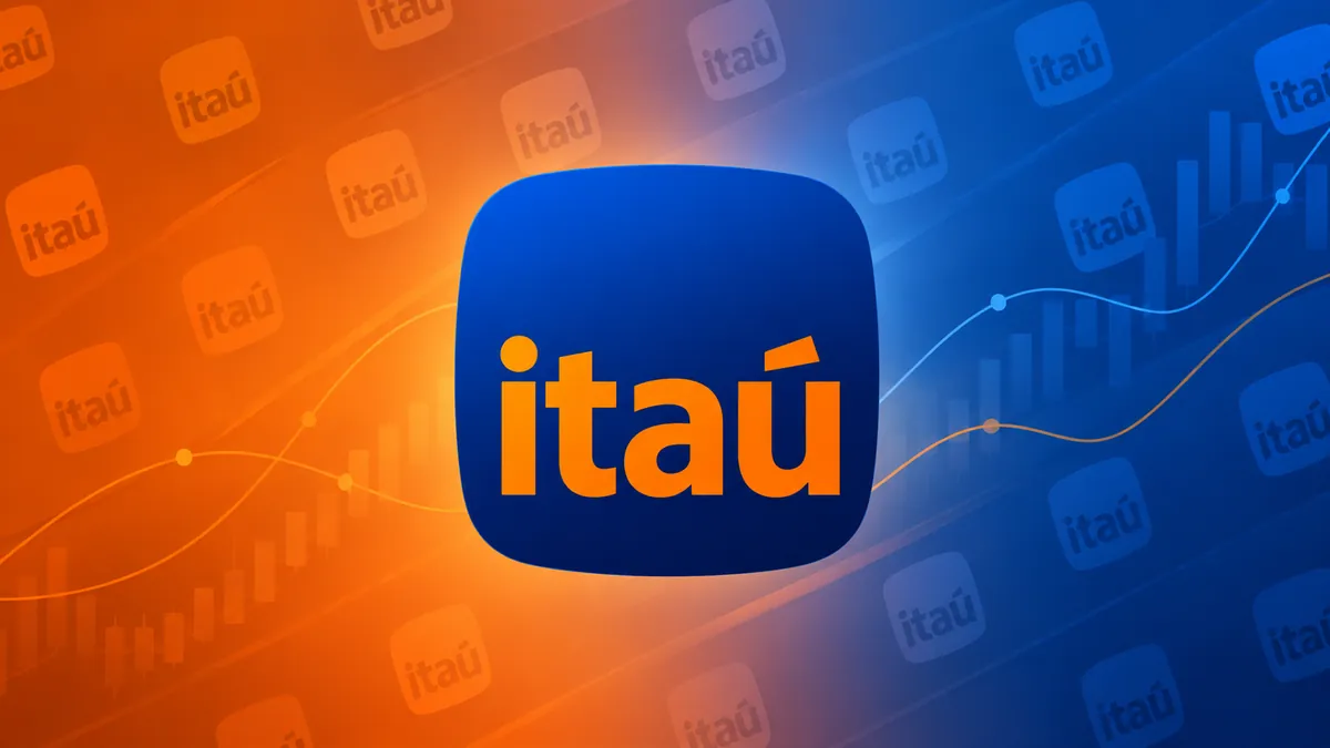 Identidade visual laranja e azul do Itaú em composição institucional