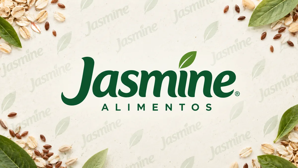 Identidade visual verde da Jasmine Alimentos em composição institucional