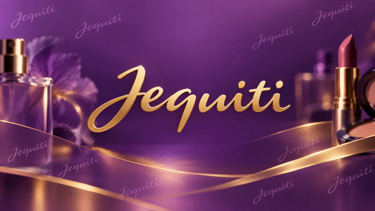 Identidade visual roxa e dourada da Jequiti em composição institucional