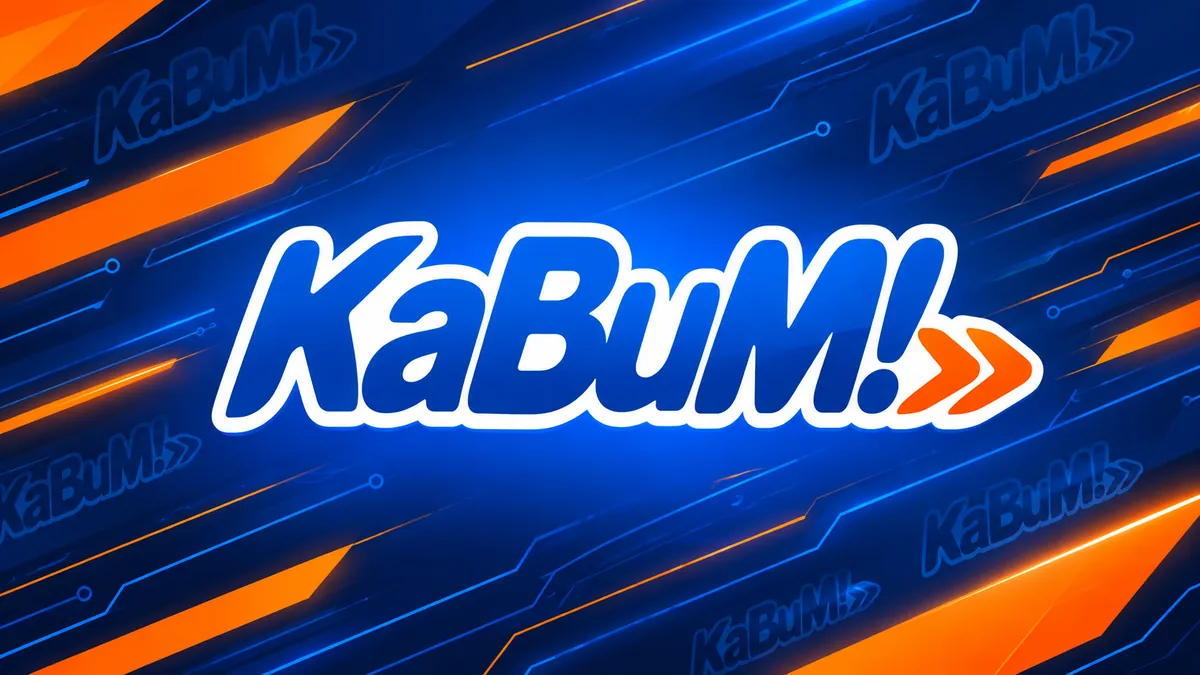 Identidade visual laranja e azul da KaBuM em composição institucional