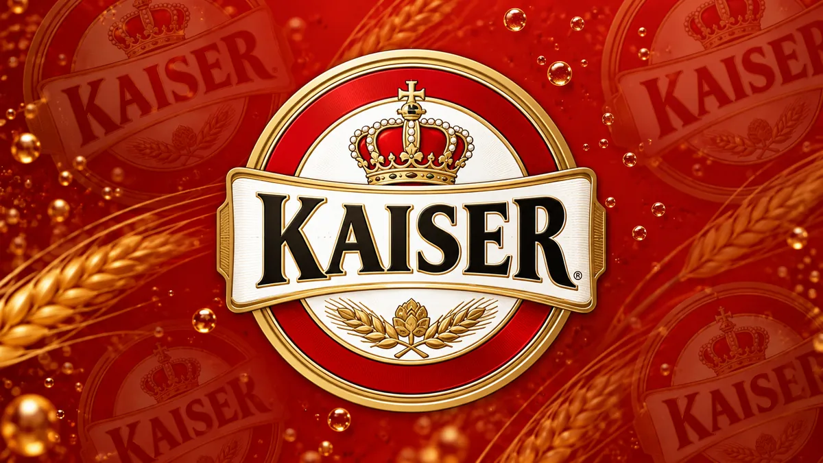 Identidade visual vermelha e dourada da Kaiser em composição institucional