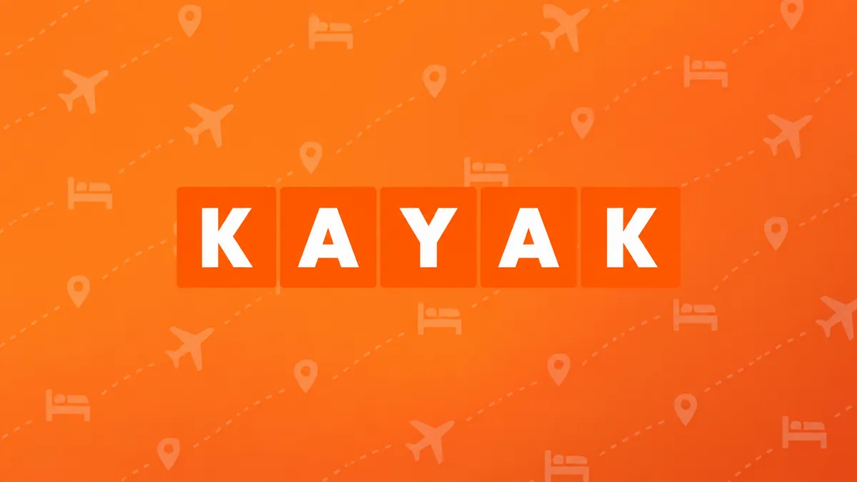 Identidade visual laranja do KAYAK em composição institucional