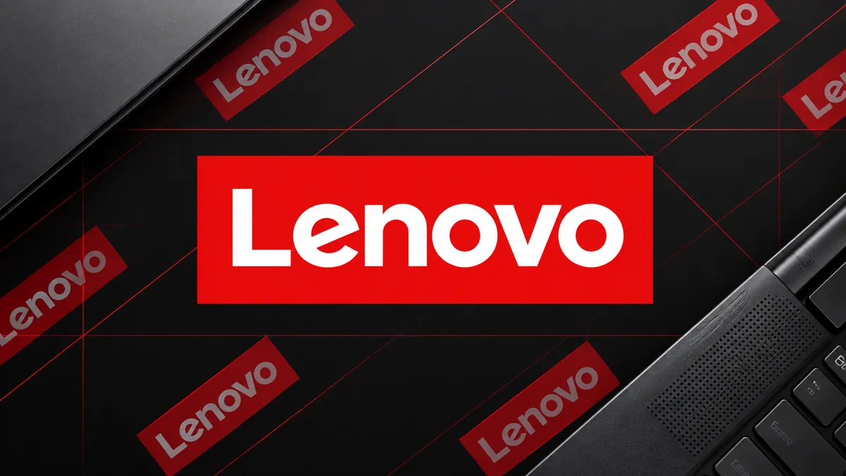 Identidade visual vermelha da Lenovo em composição institucional