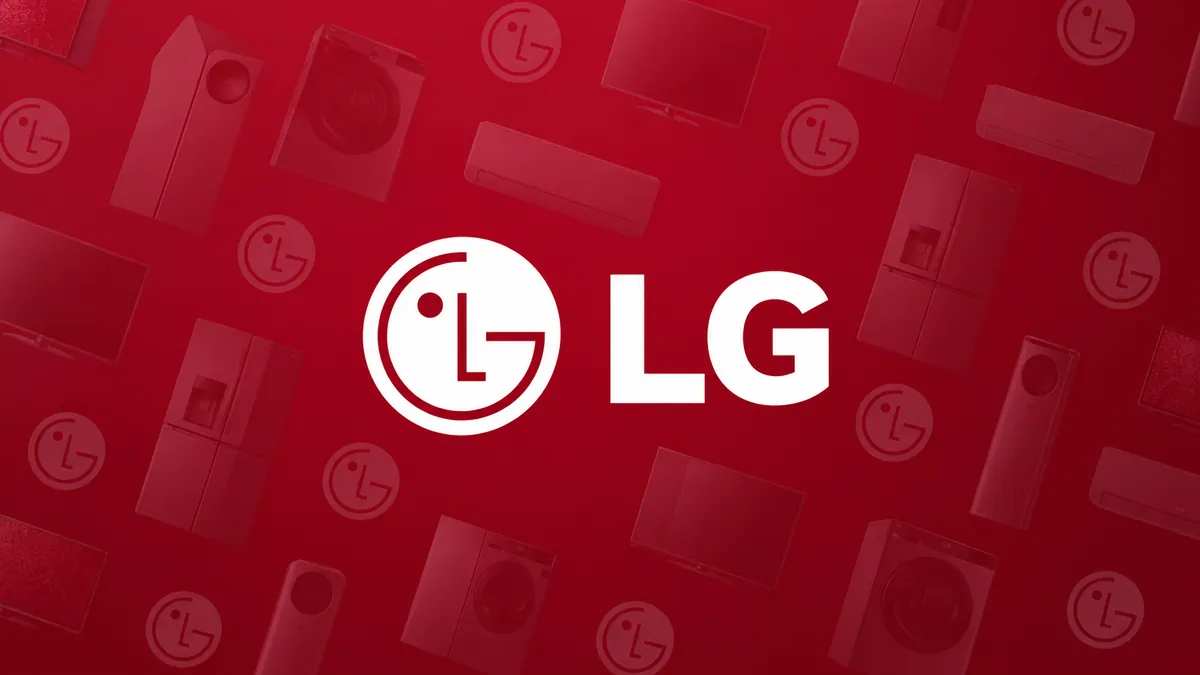 Identidade visual vermelha da LG em composição institucional