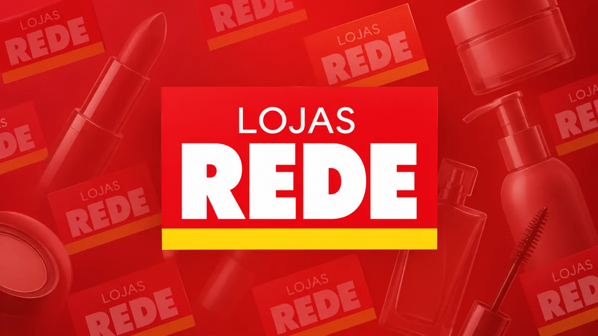 Identidade visual vermelha e amarela da Lojas Rede em composição institucional