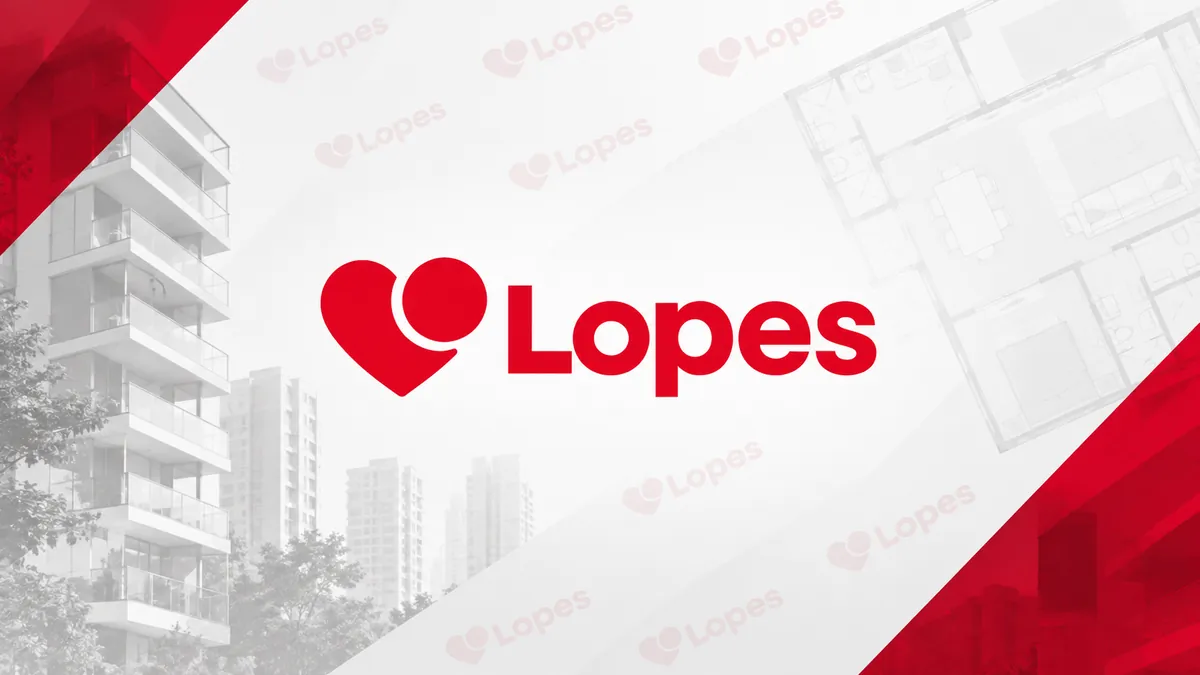 Identidade visual vermelha da Lopes em composição institucional