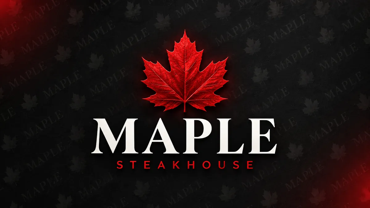 Logotipo Maple Steakhouse com folha vermelha sobre fundo preto