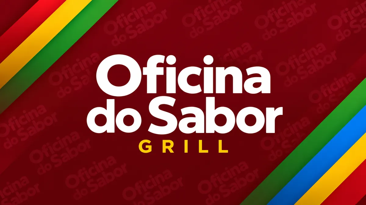 Nome Oficina do Sabor Grill em branco e amarelo sobre fundo vinho com faixas coloridas