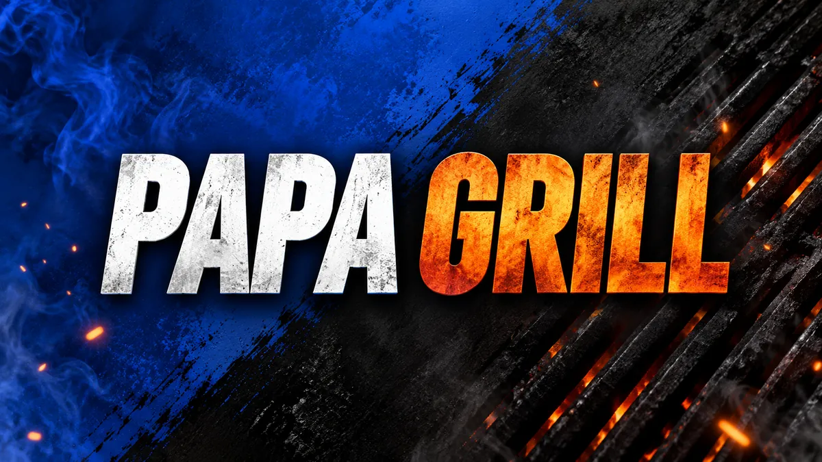Nome Papa Grill em letras brancas e laranjas sobre fundo azul e carvão