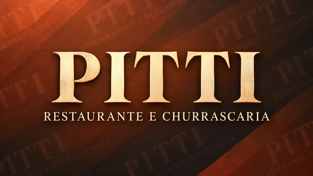Nome Pitti Restaurante e Churrascaria em letras claras sobre fundo terracota com faixas diagonais
