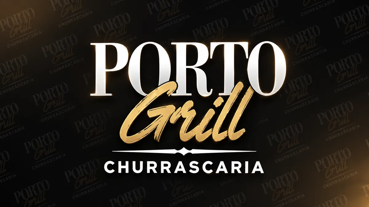 Logotipo Porto Grill Churrascaria em branco e dourado sobre fundo preto