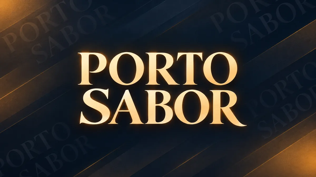 Nome Porto Sabor em letras claras sobre fundo azul-marinho com faixas diagonais