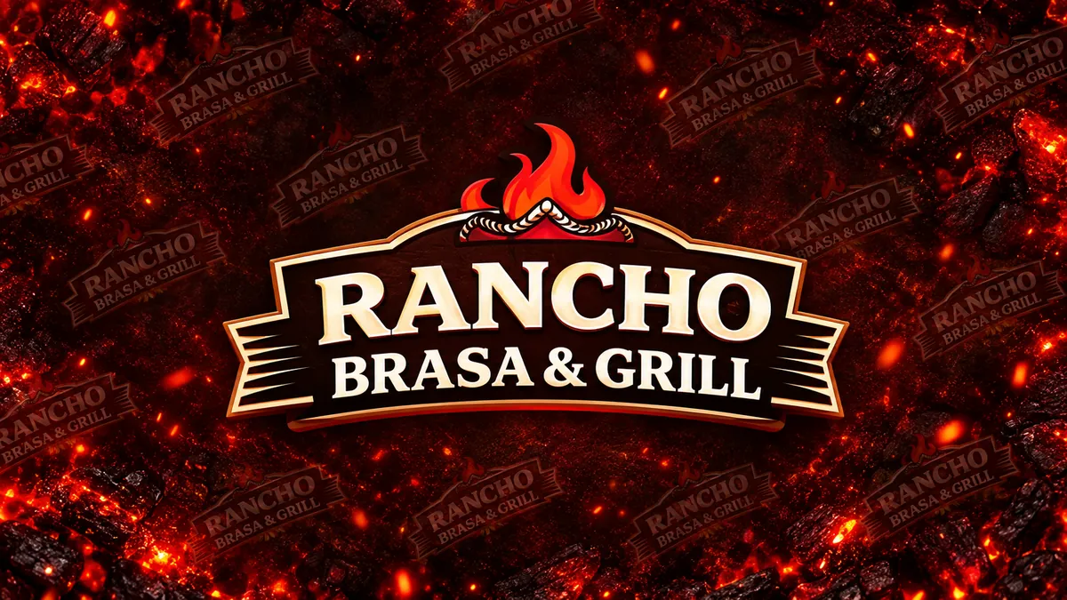Emblema Rancho Brasa & Grill sobre fundo de brasas em tons vermelhos e carvão