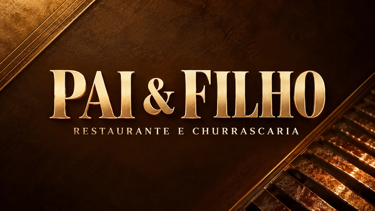 Nome Pai e Filho Restaurante e Churrascaria em letras douradas sobre fundo marrom