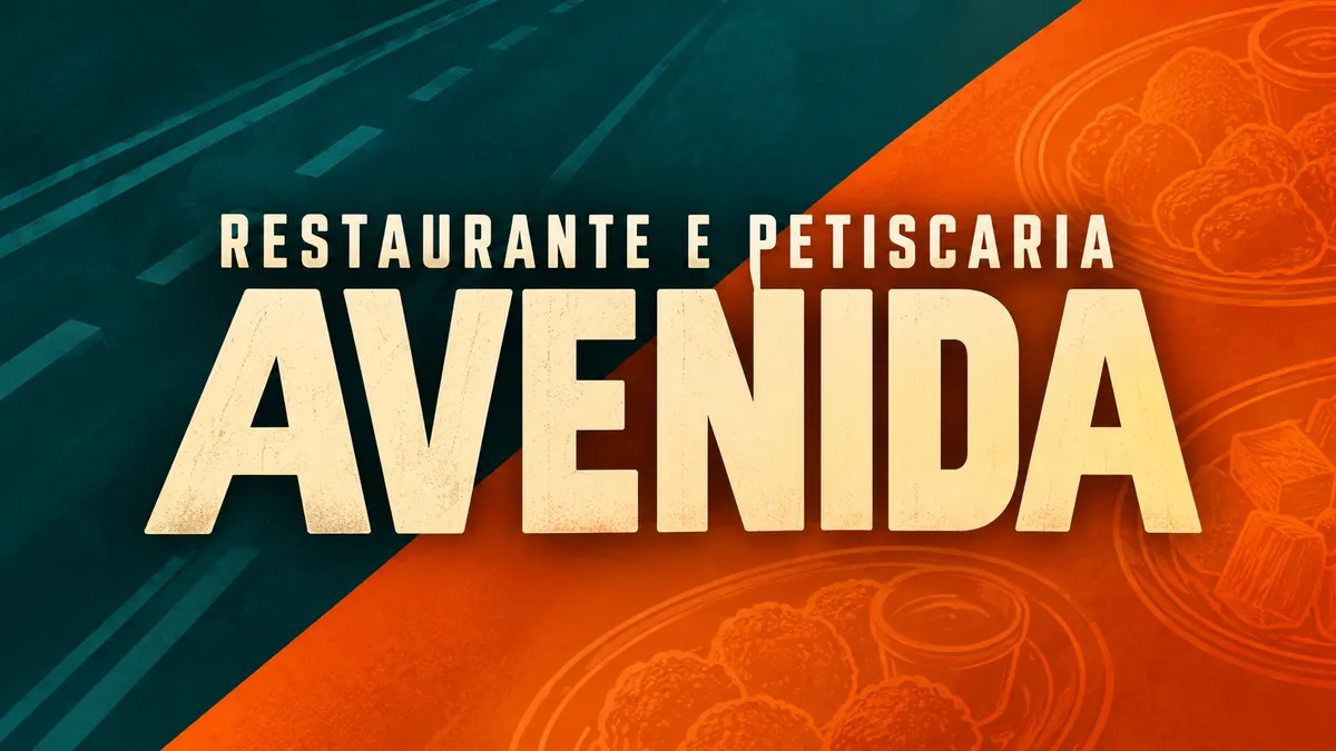 Nome Restaurante e Petiscaria Avenida em fundo verde-petróleo e laranja