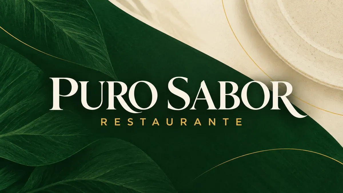 Nome Puro Sabor Restaurante em letras claras sobre fundo verde e creme