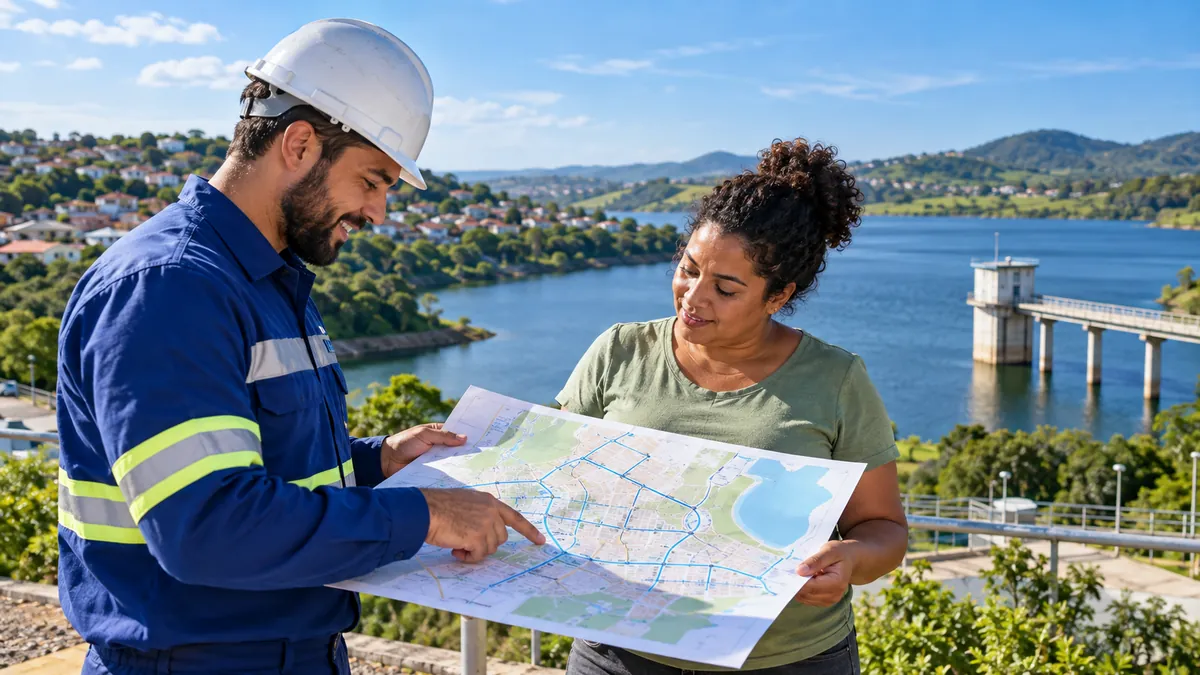 Engenheira e morador avaliam mapa de abastecimento de água