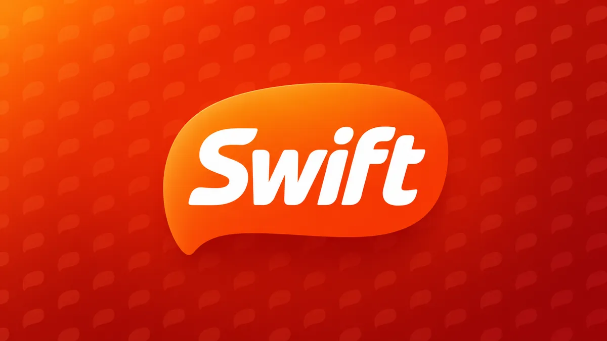 Logomarca Swift em composição institucional vermelho-laranja