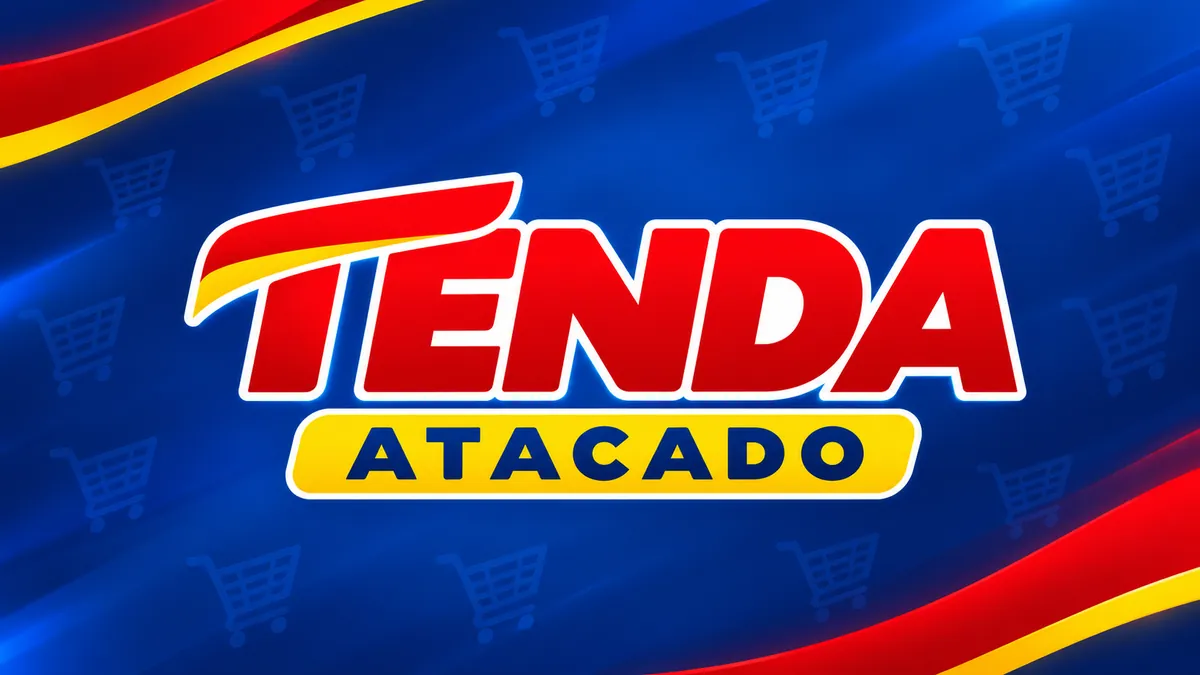 Logomarca Tenda Atacado em composição azul vermelha e amarela