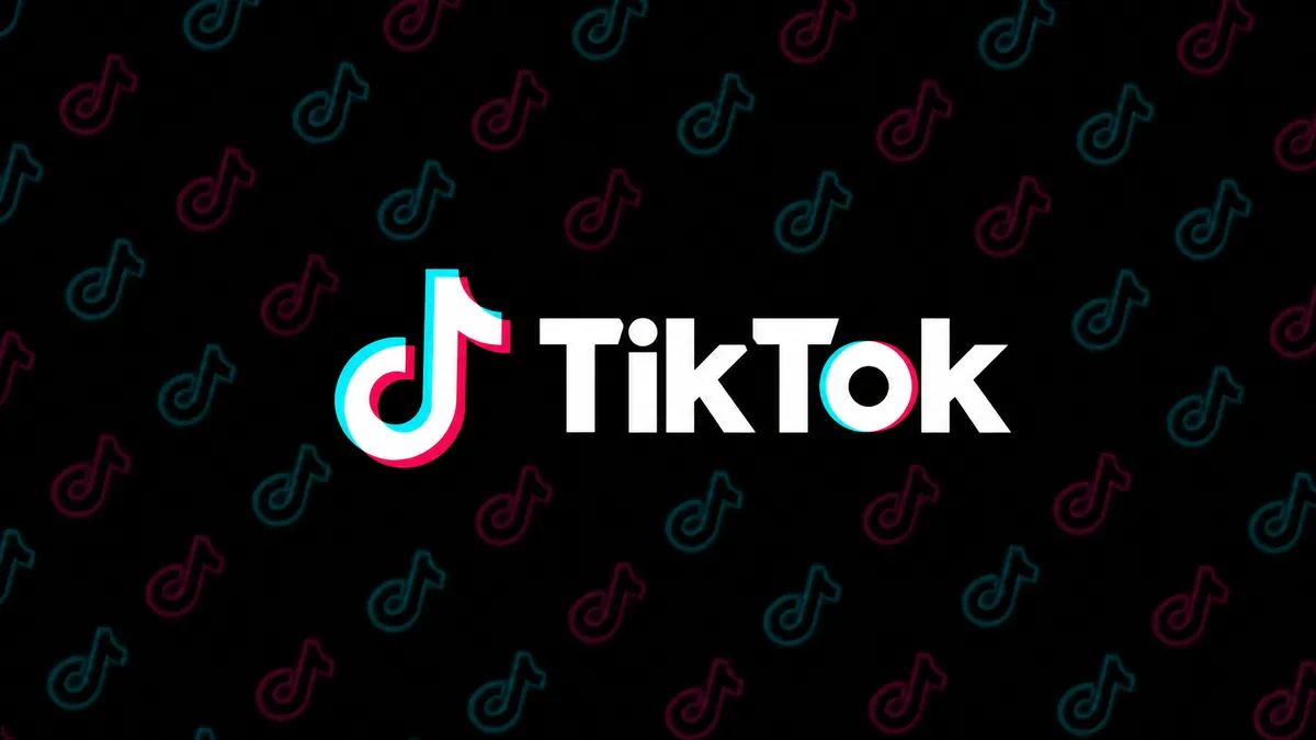 Logomarca TikTok sobre fundo preto com padrão ciano e rosa