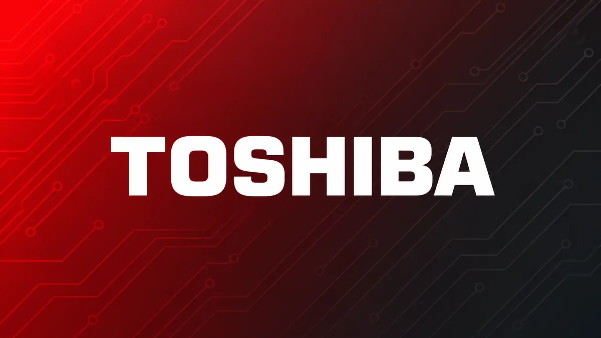 Logomarca Toshiba sobre fundo tecnológico vermelho e grafite
