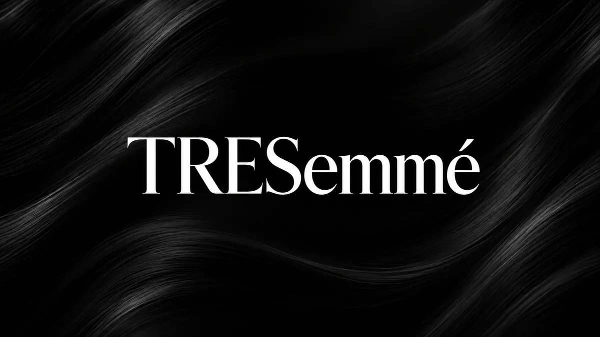 Logomarca TRESemmé sobre fundo preto com padrão capilar