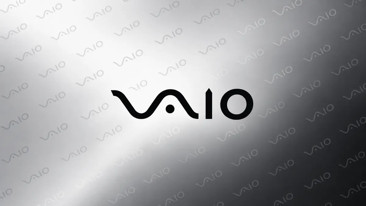 Logotipo da VAIO em composição institucional prateada e preta